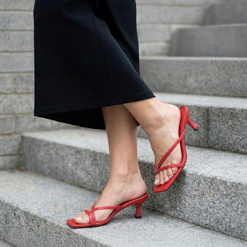 Athlefit Kitten Heels for Women Square Open Toe Strappy Flip Flop Heels Sexy Party Dress Shoes Thong Heeled Sandals Red Size 11 — view 6