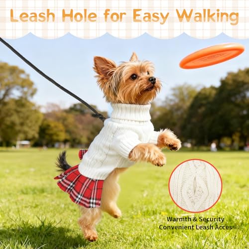 Image of Small Dog Sweater with Bowtie Turtleneck Dog Sweaters Dresses for Cold Weather Puppy Knitwear Pullover for Wedding Party Pet Winter Knitted Clothes for Yorkies Chihuahua (White L)