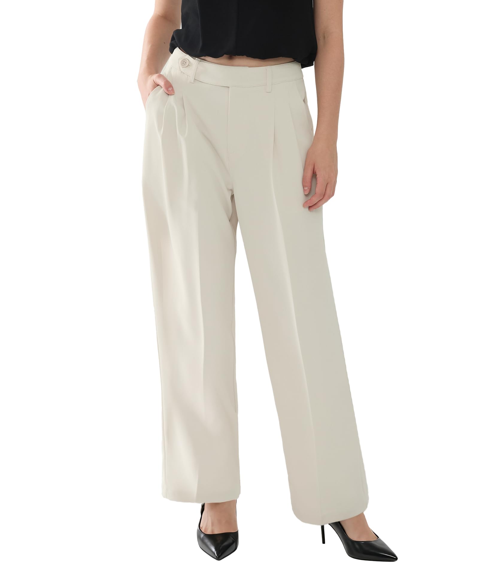 Susclude Womens Casual Dress Pants Wide Leg Baggy Pleated Old Money Stretchy Slacks Fall High Waisted Business Work