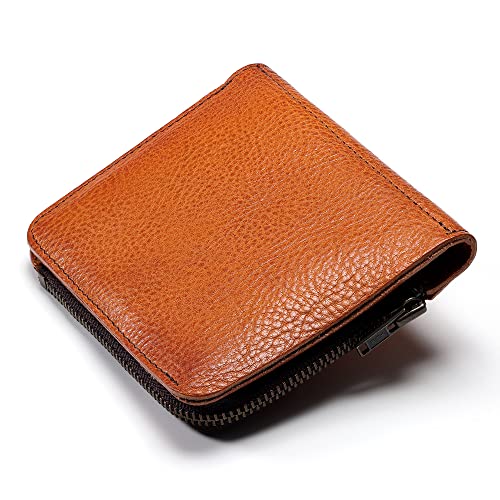 IJUN Handmade Vintage Small Bifold Wallet for Men - Full Grain Oil Vegetable Tanned Cowhide Leather (Orange)