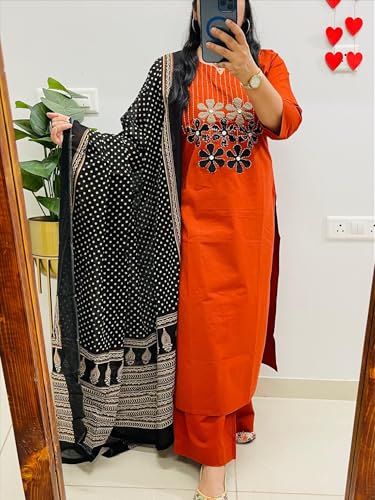 Image of BHARVITA Women's Cotton Embroidered Anarkali Kurta and Palazzo with Dupatta Set | A-line fit