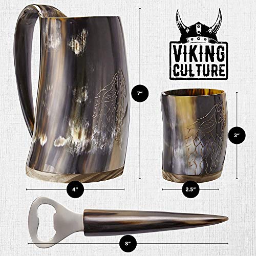 Viking Culture Ox Horn Mug, Shot Glass, and Bottle Opener (3 Pc. Set) Authentic 16-oz. Ale, Mead, and Beer Tankard | Vintage Stein with Handle | Custom Intricate Design - Polished Finish | Wolf/Fenrir