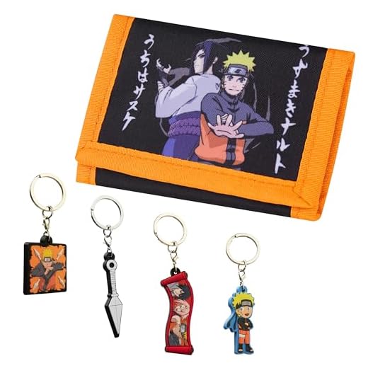 Naruto Llavero y Cartera para Niños Set - 6 Figuras, Llavero Anime para Niños, Llaveros Originales - Regalos Niños (Multicolor Cartera/Llaveros)