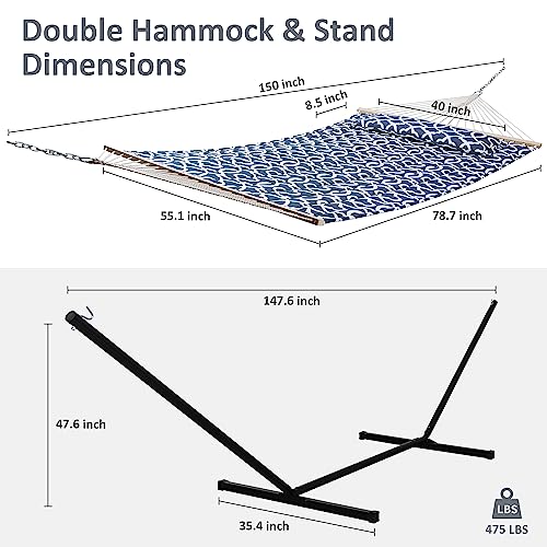 Image of SUNCREAT Two Person Hammock with Stand, 475 lbs Capacity, Portable Patio Hammock with Hardwood Spreader Bar, Large Soft Pillow, Blue Pattern