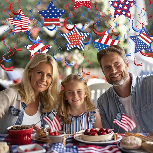 Image of JUNEBRUSHS 46Pcs Independence Day Hanging Swirls, 4th of July Decorations Patriotic Red White and Blue Stars String Hanging Swirl Ceiling Spirals for Fourth of July Home Party Accessories Supplies