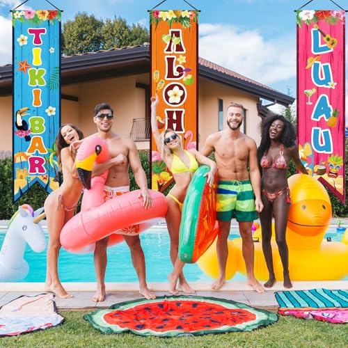 Image of Chiisong 3 Pcs Hawaiian Banners Aloha Luau Porch Sign Tiki Bar Hanging Flag Tropical Welcome Sign Summer Beach Pool Party Decorations Photo Props Backdrop for Outdoor Door Wall Yard Birthday Camping
