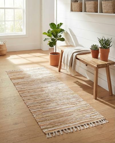 Rugs.com Chindi Cotton Collection Rug – 6 Ft Runner Beige Flatweave Rug Perfect for Hallways, Entryways
