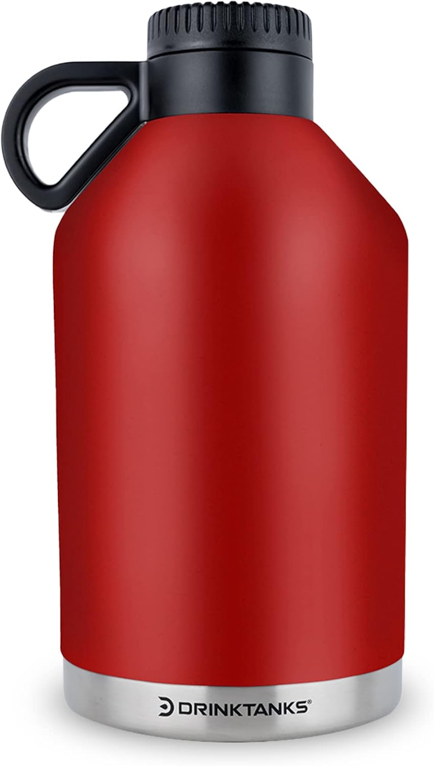 DrinkTanks Session Growler – 64 oz Vacuum Insulated Stainless Steel Beer Growler with Handle, Leakproof Double-Wall Travel Tumbler for Beer, Wine, Coffee, Soda – Durable & Reusable – Crimson