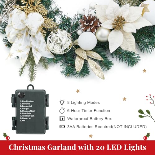 GarveeHome 6 Ft Pre-Lit Christmas Garland, Battery Operated Lighted Xmas Garland with 20 Lights & Timer, Christmas Garlands with Lights for Mantle Table Centerpiece Indoor Outdoor Decor,White