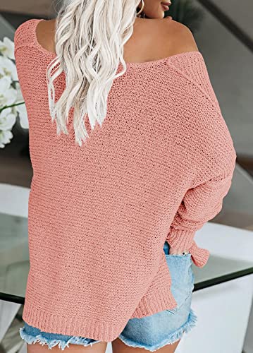 Image of Women's Off Shoulder Knit Sweaters Oversized V Neck Long Sleeve Loose Lightweight Pullover Tops