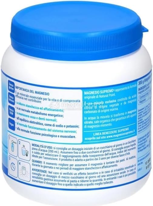 natural poin magnesio supremo 300 gr 2 confezioni - utile per sport, stanchezza cronica, mal di testa, poca energia fisica e mentale e per che vuole una dose di energia quotidiana