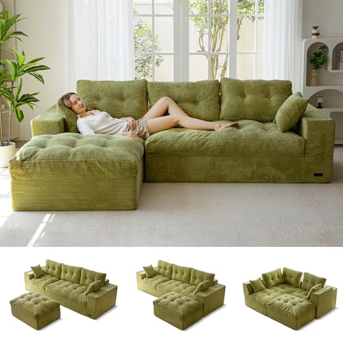 Image of MAXYOYO 104 inch L Shaped Modular Sectional Sofa with Ottoman, Cloud Boneless Couch with Layered Cushion, Upholstered Sofa Flexible Module Combination for Living Room, No Assembly, Green
