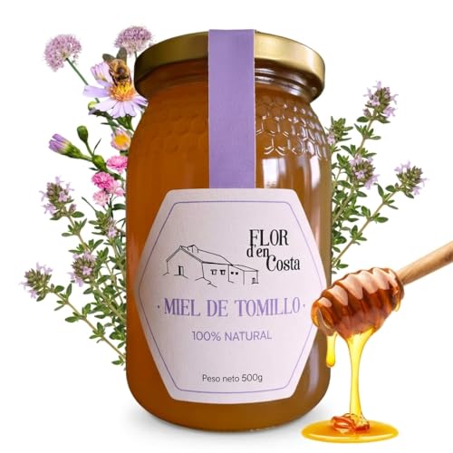 FLOR d'en Costa | Miel Cruda de Tomillo | Tarro de Cristal de 500g | Pura de Abeja | Directa del Apicultor a tu Mesa | Sin Pasteurizar ni Aditivos ni Azucares | Cosecha Artesanal 100% Natural