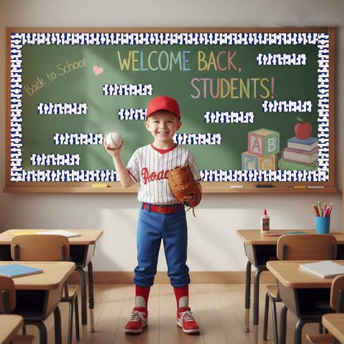 Image of BeYumi Baseball Sport Border Trim - 65ft Back to School Baseball Sport Blue White Stripe Scalloped Rolled Border Trim Ball Sports Theme Bulletin Board Set Party School Classroom Chalkboard Wall Decor