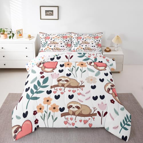 Image of Feelyou Sloth Comforter Set Queen Size, Sloth and Flowers Bedding Set for Kids Toddler Botanical Plant Bedding Set Kawaii Animal Duvet Set Durable Quilt Set