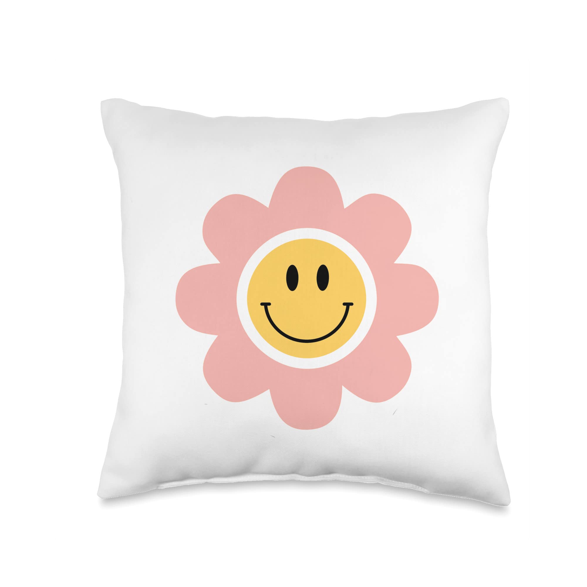 Happy Smiles By KayZzYellow Smile Face Cute Daisy Groovy 70s Throw Pillow, 16x16, Multicolor