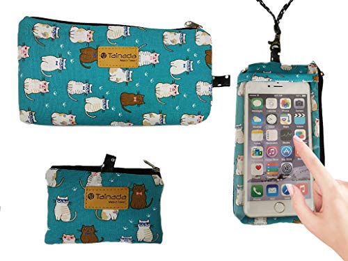 Tainada Cell Phone Purse Pouch Bag with Clear View Window Touch Screen Compatible with iPhone 17 Pro Max, 16 Plus, Air; Samsung S25, A56 + Bonus ID Window Card Holder Coin Purse (Cats Turquoise)