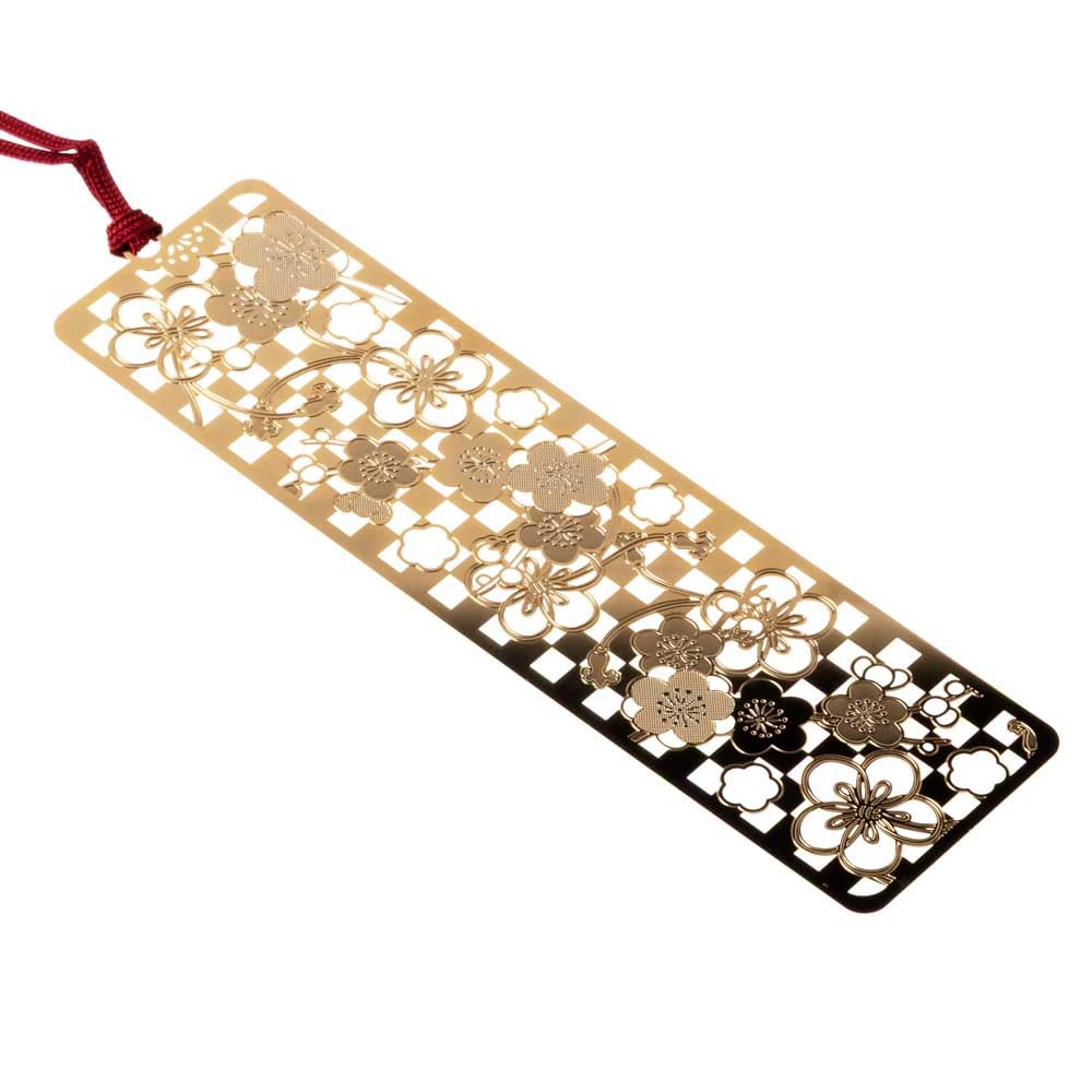 24K Gold Plated Metal Bookmark Japanese Plum Blossom Etched Design 5.5x1.5in
