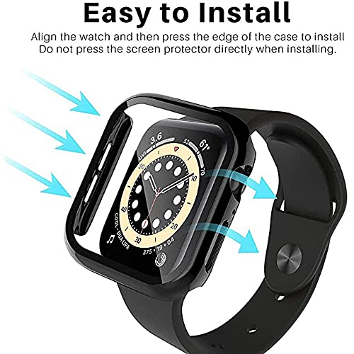 Image of HANKN 2 Pack Plated Tempered Glass Screen Protector Case Compatible with Apple Watch Series SE 6 5 4 44mm, Hard PC Full Coverage Cover HD Clear Shockproof Iwatch Bumper (Black+Black, 44mm)