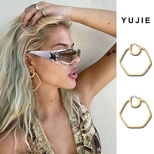 YUJIE 14k Gold Plated Hexagon Hoop Earrings for Women Chunky Geometric Large Hoop Earrings for Daily & Party Wear - Image 4