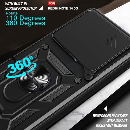 Image of AESTMO Tough Armor Redmi Note 14 5G Bumper Back Case Cover | Ring Holder & Sliding Camera Shield Cover | 360 Degree Protection Back Case Cover for Redmi Note 14 5G (Black)