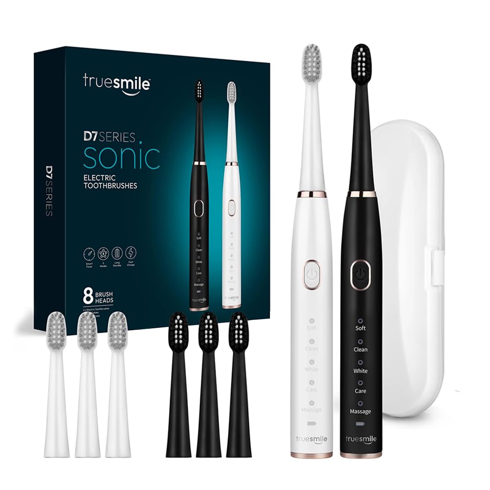 TrueSmile Sonic - Confezione di 2 spazzolini elettrici (nero e bianco) con 8 testine di ricambio, 5 modalità di pulizia, timer intelligente da 2 minuti, ricaricabile tramite USB, impermeabile IPX7