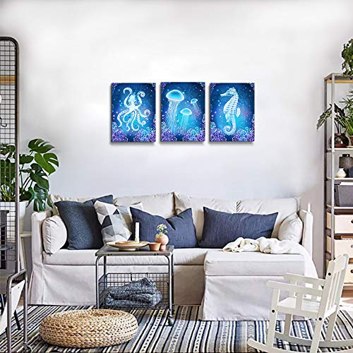 Blue Ocean Life Theme Canvas Prints Wall Art Paintings For Living Room Wall Artworks Sea Animal Sea Horse Octopus Jellyfish Pictures Bedroom Decorations 3 Panels Home Bathroom Wall Decor Posters #TOP2