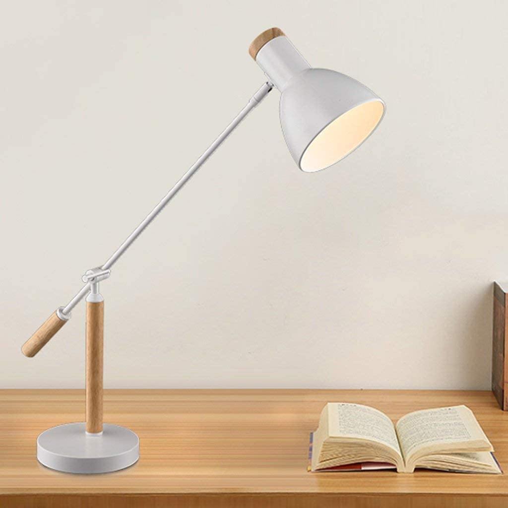 Lámpara De Lectura Lámpara De Escritorio Brazo Largo Ajustable, Protección Ocular, Lámparas Madera Maciza, Mesa Hierro Aprendizaje para Ojos(White)