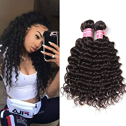 Sunber Deep Wave Hair Brazilian Hair 3 Bundles 100% Unprocessed Human Hair Weaves Natural Black Color Mixed Length 121416 Inch