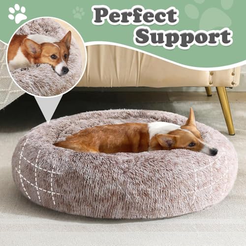 Image of JOLLYVOGUE Faux Fur Dog Bed, Calming Anti-Anxiety Large Dog Bed, Fluffy Donut Cushion for Medium and Large Pets (27 inch /30 inch /36 inch), Brown
