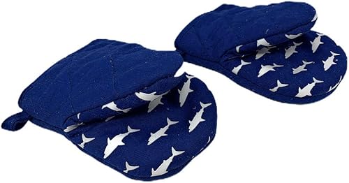 Manoplas de horno de algodón con agarre de silicona, juego de 2 (azul con tiburones blancos)