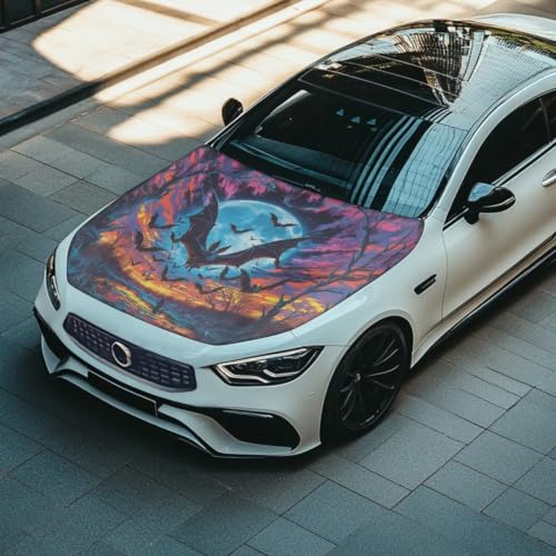 Image of Spooky Bat Halloween Print Car Hood Cover Easy to Install Fabric Hood Cover Halloween Vehicles Decorate Engine Removable Automotive Accessories Personalized Suitable for Cars(59x39 Inch)