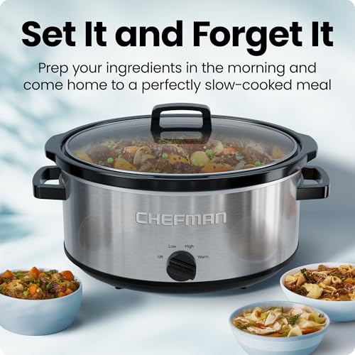Chefman Slow Cooker 7 Quart, Large Family Size Slow Cooker with Low, High & Warm Settings, Removable Ceramic Crock, Tempered Glass Lid, Dishwasher-Safe for Easy Cleanup, Stainless Steel - image 2