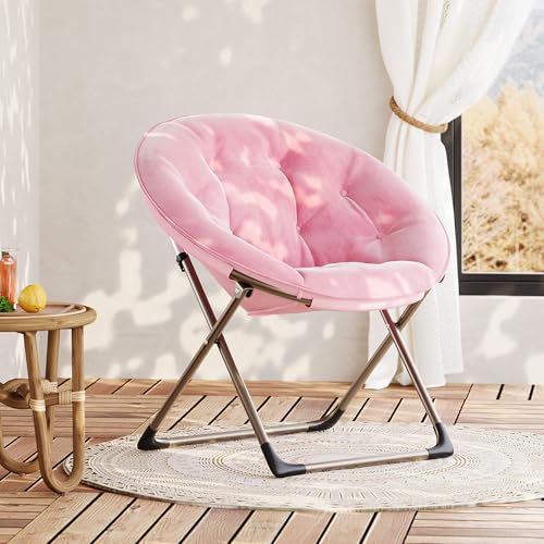 Comfy Saucer Chairs, Pink Folding Reading Lounge Chair, Cozy Faux Fur Living Room Chair with Soft Thick Padded Seat & Metal Frame, Modern Style Bedroom Home for Kids Adults, X-Large, Gold Legs