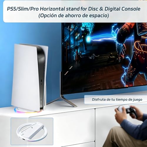 Image of Portable Vertical Stand for PS5 /PS5 Slim /Pro Console (Disc and Digital) with RGB Ambient Lights, Base for PS5 and 4 Anti-Slip Mats, Stable Heat Dissipation and Space Saving (White)