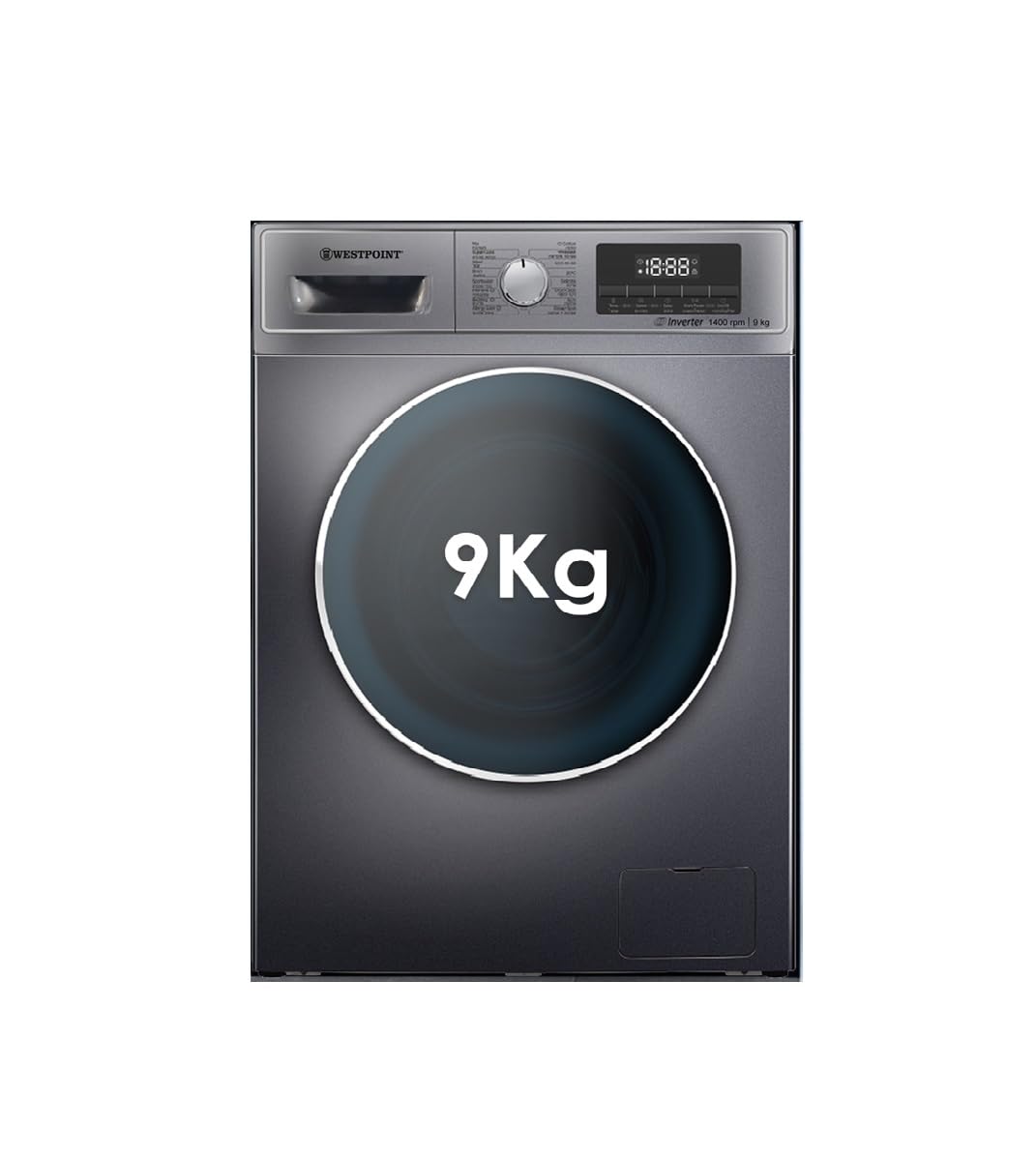 Westpoint 9KG Front Load Washing Machine Fully Automatic With INVERTER MOTOR, 1400 RPM, 16 Easy Washing Programs, Chrome Door, ElectroMagnetism Lock, WMT-91422S - SILVER Colour - NEW MODEL