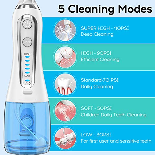 Water Flosser for Teeth, Professional Dental Oral Irrigator with 300ML Water Tank, 5 Mode and 6 Jet Tips, Cordless Portable and Rechargeable Waterproof Water Flossers for Home and Travel