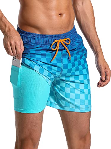 Silkworld Men's Bathing Suits 2 In 1 Swim Trunks Short Quick Dry Swimwear Stretchy Swim Suits With Boxer Brief Liner And Zipper Pockets,Blue Plaid,Large #TOP25