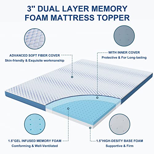 Maxzzz 3 Inch Queen Memory Foam Mattress Topper, High Density Frim Gel Bed Mattress Topper With Removable Washable Cover, Certipur-Us & Oeko-Tex Certified #TOP2