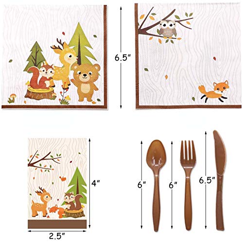 Woodland Animal Disposable Party Tableware, 182Pcs Woodland Animal Party Supplies with Plates Napkins Cups Table Cover Banner for Woodland Baby Shower Birthday Decorations
