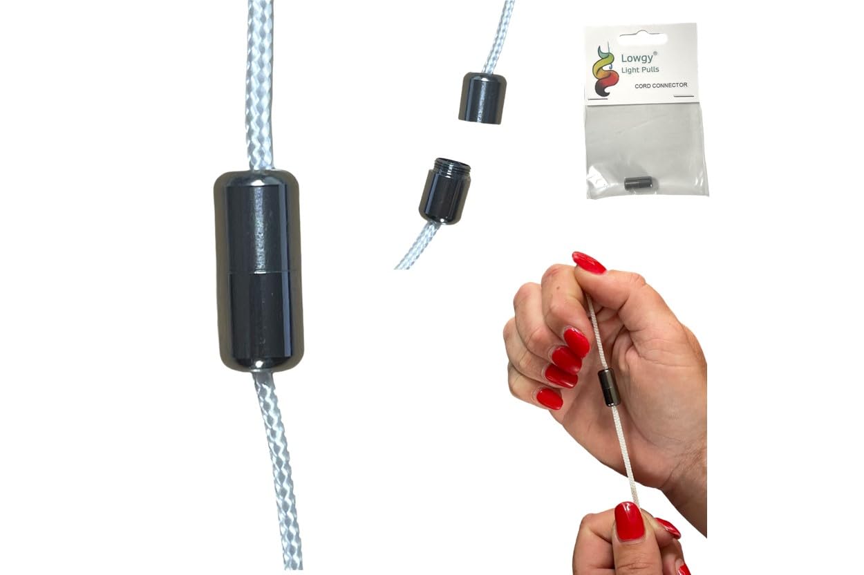 Lowgy Metallic Black Slimline Metal Cord Connector For Connecting Bathroom Light Pull Cords, Blinds And Laces (Metallic Black)