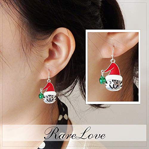 Rarelove Cute Cat With Red Xmas Hat Green Bell Ring Pierced Dangle Christmas Earrings Cz Crystal Silver Plated Alloy Holiday For Women Girls #TOP3