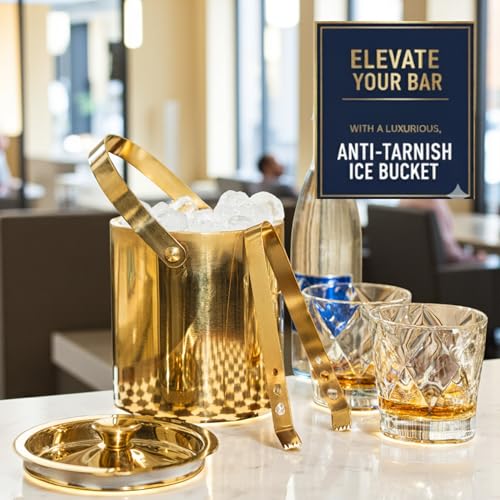 Image of Shiny PVD Gold Stainless Steel Double Walled Ice Bucket with Tong (1.7 litres) | Insulated Ice Box Small, Ice Cube Box | Wedding for Couple, Home Bar Gift Set