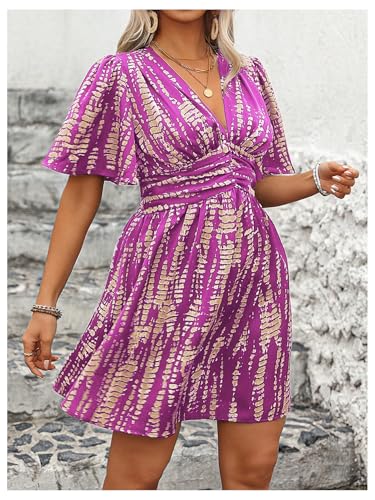 Image of Floerns Women's Plus Size Printed V Neck Short Sleeve Ruffle Hem Summer Short Dresses