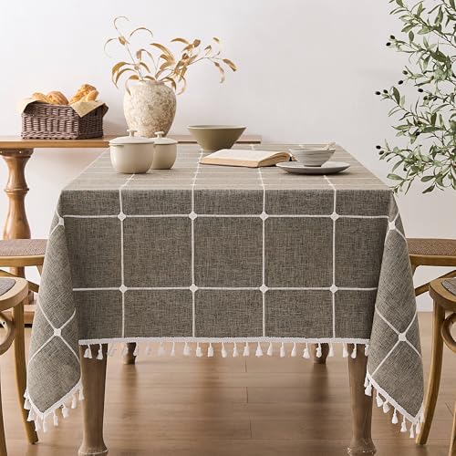 ZeeMart Boho Grid Table Cloth with Tassels (Cocoa Brown, 60" x 104"), Heavy Weight Linen Checked Embroidered Farmhouse Tablecloth, Water Resistant Rectangle Brown Tablecloths
