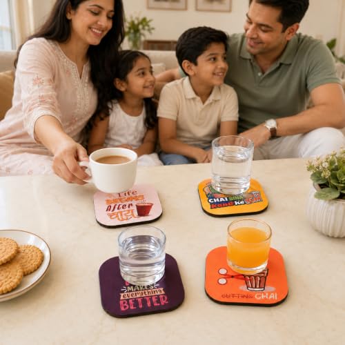 Image of GKD Glossy Wooden Tea Coasters Set of 4 | Premium MDF Drink Coasters with Glossy Finish for Tea Cups, Coffee Mugs & Glasses | Table Coaster Set for Dining Table, Coffee Table & Office Desk