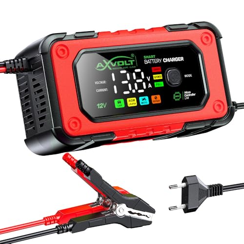 Image of AXVOLT Fully Automatic Battery Charger 7A 12V, Car Battery Charger & Maintainer- EU Plugfor Car, Motorcycle, Lawn Mower and More (Red)