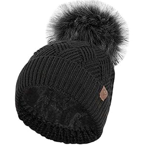 RockJock Ladies Warm Chunky Diamond Cable Knit Hat with Thermal Teddy Fleece Lining and Detachable Faux Fur Pompom