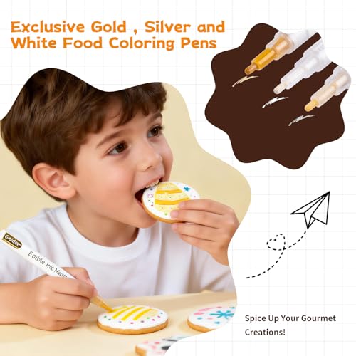 Image of KORNNAC 15pcs Food Coloring Edible Markers for Cake Decorating With 13 rich colors white gold silver red green organic pink blue purple brown yellow black