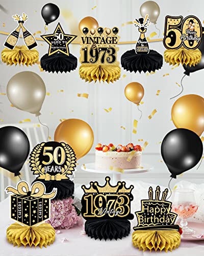 9 Pcs 50Th Birthday Decoration For Men Women 50Th Birthday Table Decorations Cheers To 50Th Birthday Honeycomb Centerpieces 1973 Table Topper Black And Gold 50Th Birthday Party Favors #TOP3